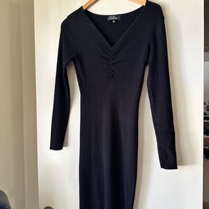Lulu's Black Ribbed V-Neck Long Sleeve Sweater Midi Dress